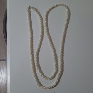 Long White Woven Twisted Mini Faux Pearl Round Beaded Necklace Single Strand